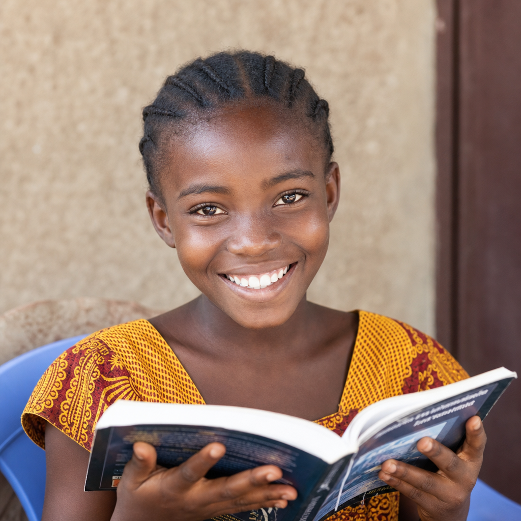 A smiling young African girl holding an open book