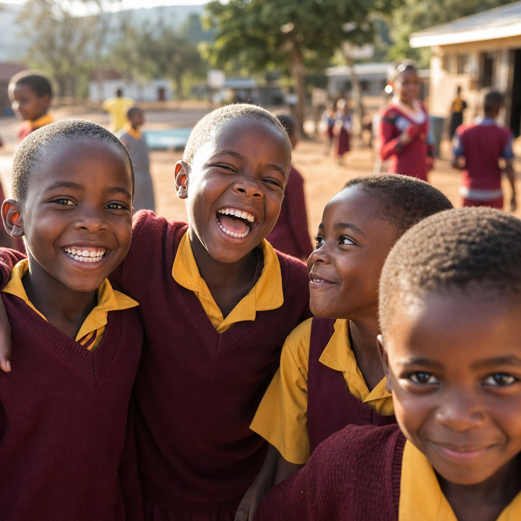 Happy African schoolchildren laughing together outdoors